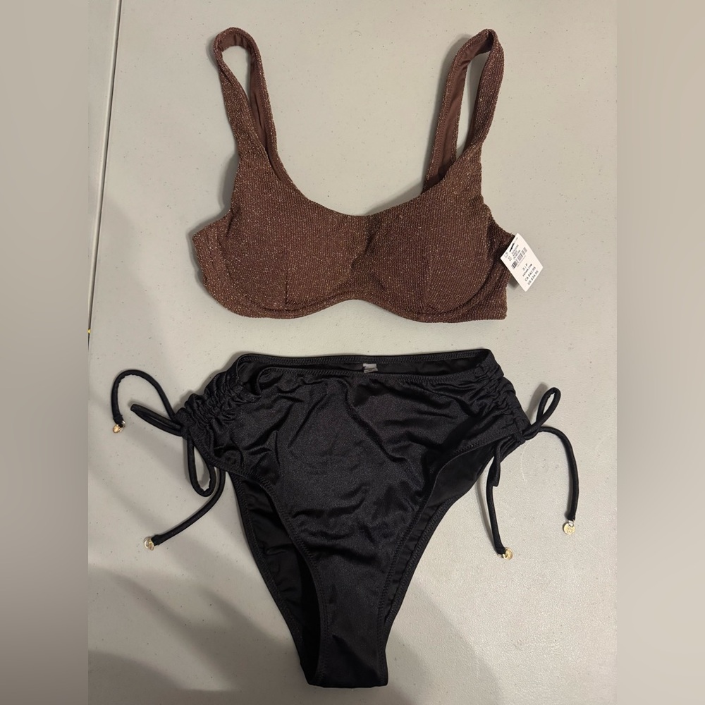 NWT Victoria’s Secret Swim Pink S Bronze Shimmer U/W Bikini Black Tie Bottom Set